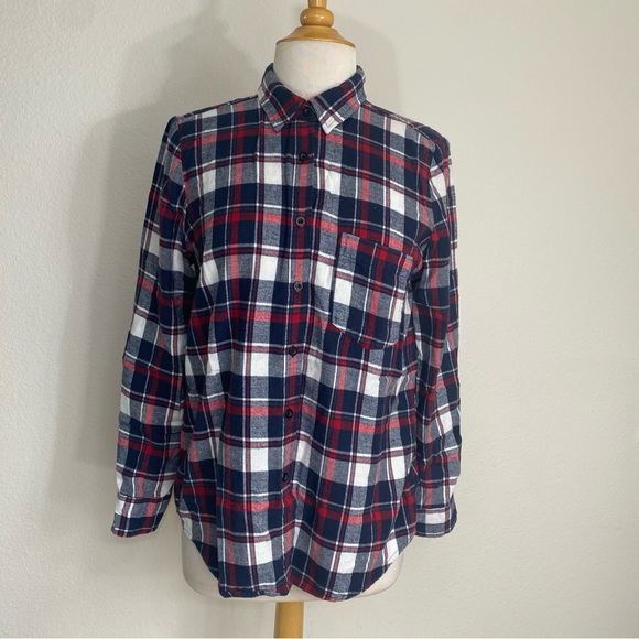 Say What? Navy Red White Plaid Flannel Button Down Shirt Size Large Cabincore - Picture 1 of 14